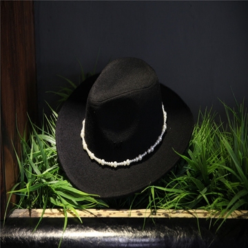 【M字母】韩国代购羊毛纯色珍珠礼帽优雅爵士帽英伦大檐毛呢帽冬