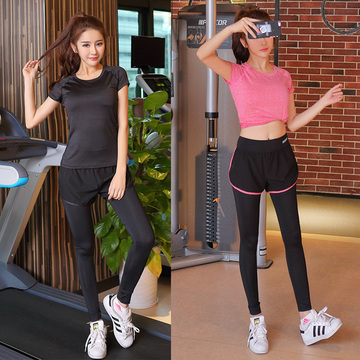 夏季瑜伽健身服女套装透气显瘦速干专业跑步服假两件长裤韩版短袖