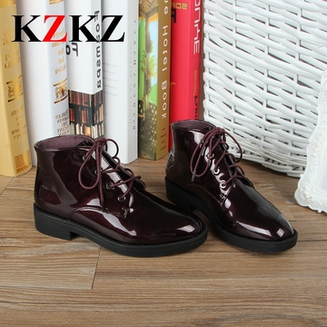 KZKZ2016秋季新款时尚英伦经典复古休闲漆皮系带高帮平跟舒适女鞋