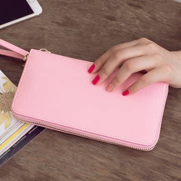 2016新款女士钱包 长款拉链牛皮夹手包简约韩版大钞夹粉色手拿包