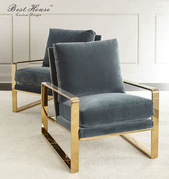 北欧后现代玫瑰钛金色不锈钢丝绒布艺单人沙发椅休闲接待椅样板房