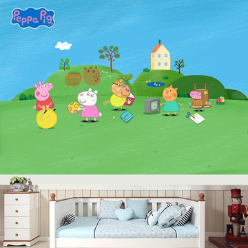 手绘粉红猪小妹壁纸Peppa pig卡通风景墙纸生日背景佩佩猪壁画